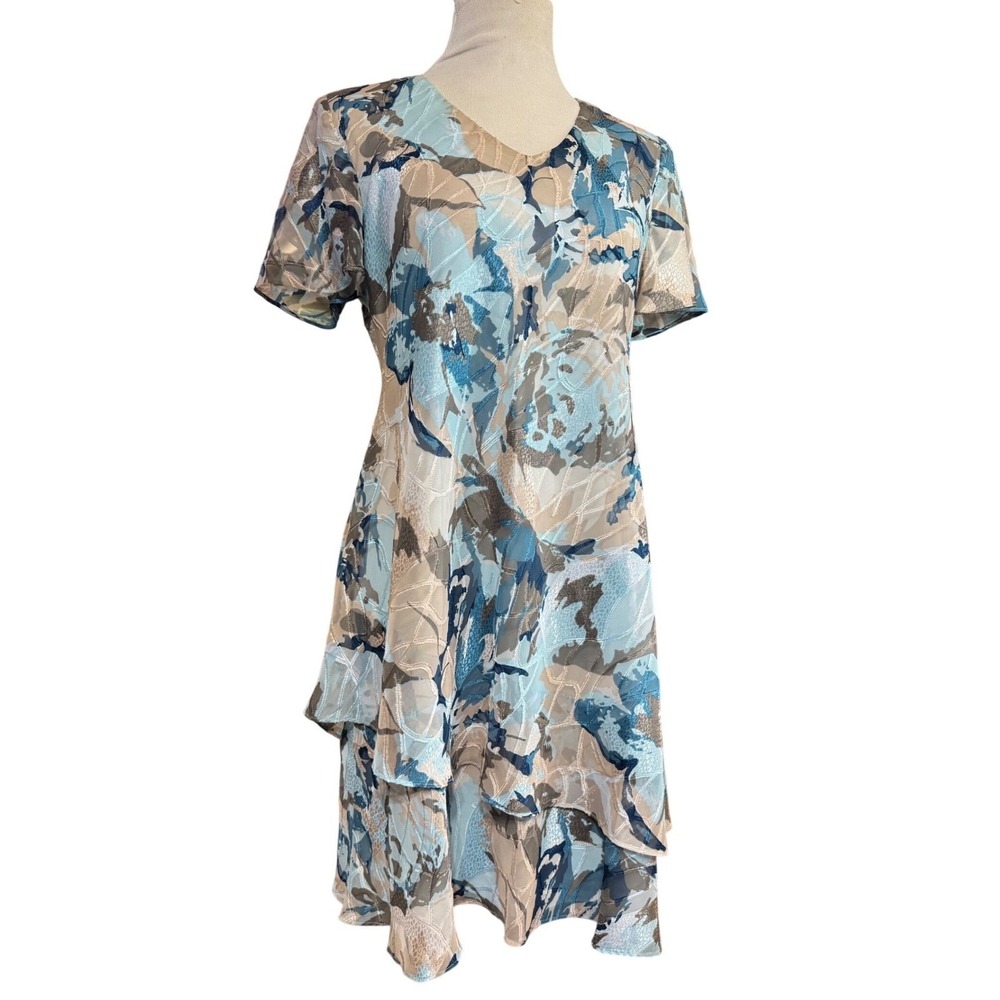 R&M Richards Dress Womens 14P Metallic Tiered Blue Floral Chiffon V-Neck 90s Y2K